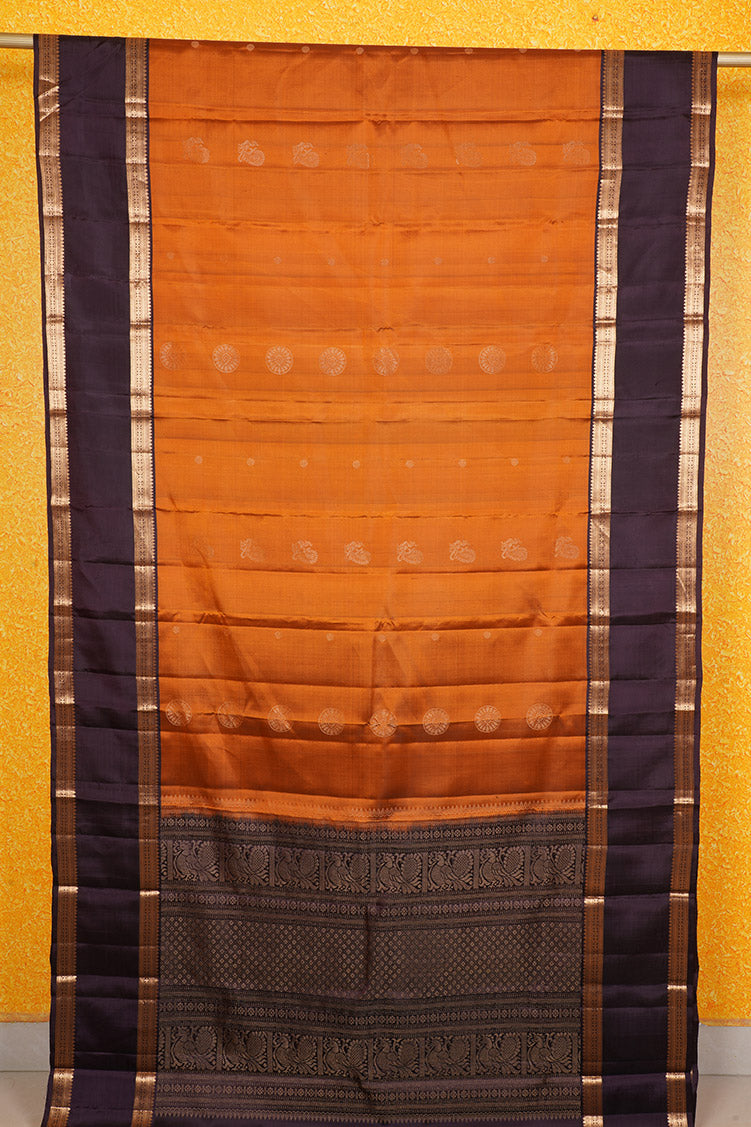 Pure Light Weight Kanchipuram Silk Saree/ Mustard With Coffee Brown Borders