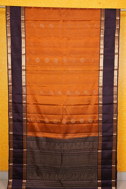 Pure Light Weight Kanchipuram Silk Saree/ Mustard With Coffee Brown Borders