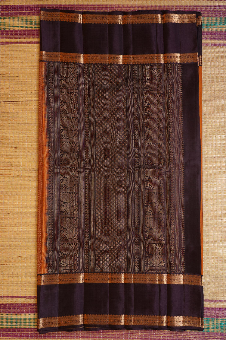 Pure Light Weight Kanchipuram Silk Saree/ Mustard With Coffee Brown Borders