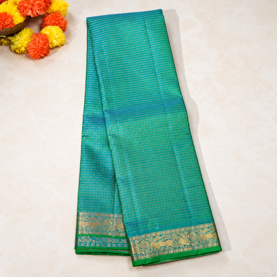 A Dual tone blue green light weight kanchipuram silk saree