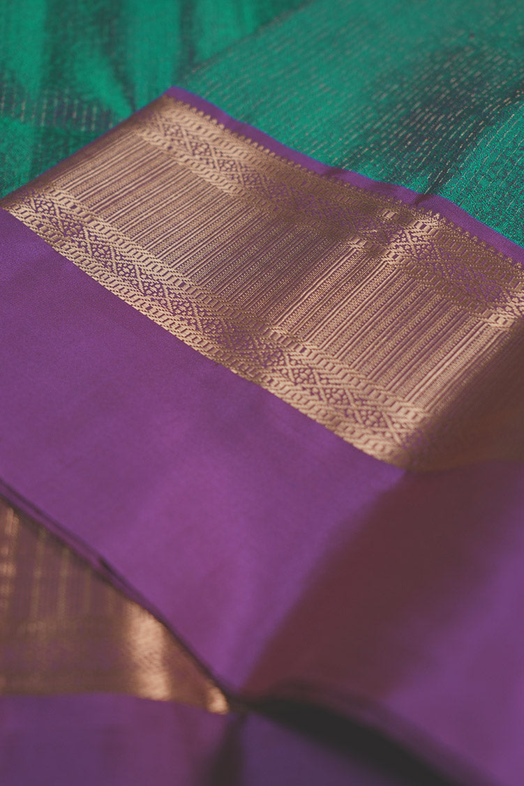 Peacock Green Soft Silk Sarees With Purple Borders - Em