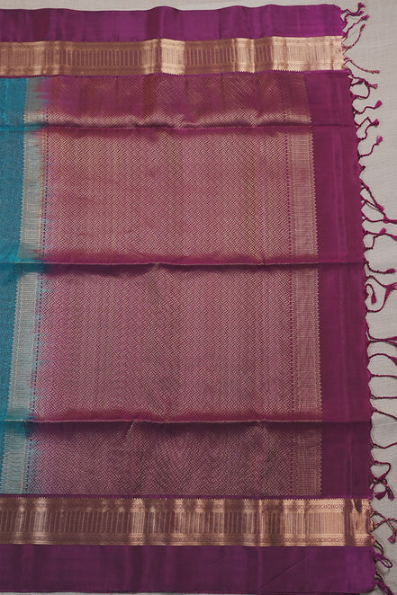Peacock Green Soft Silk Sarees With Purple Borders - Em