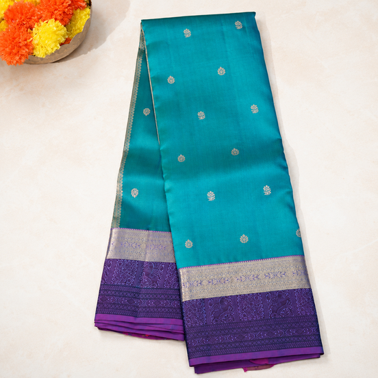 Peacock Blue Softsilk Saree With Zari & Thread Borders