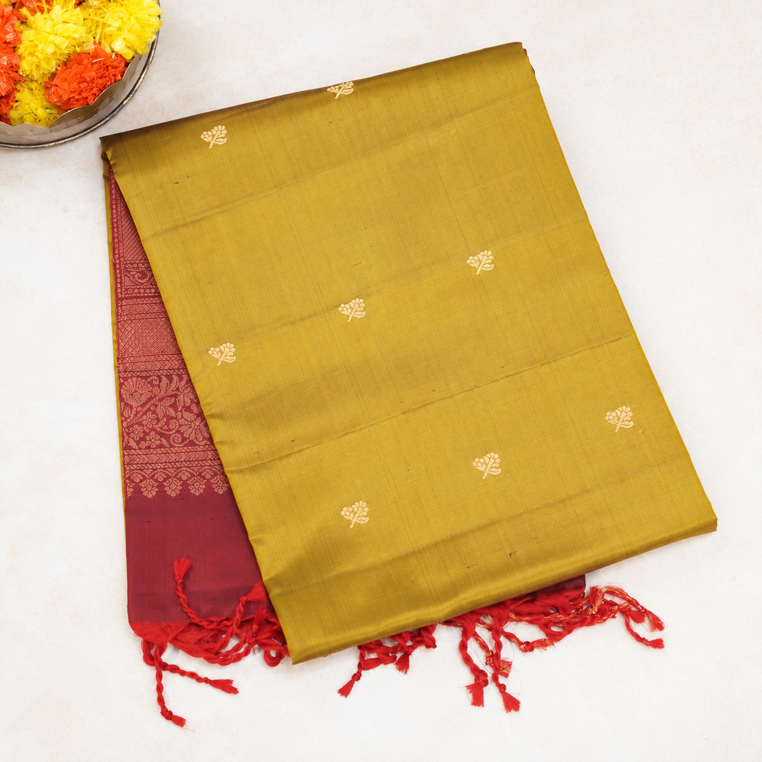 Mustard Light Weight Kanchipuram Silk Sarees With Red Borders