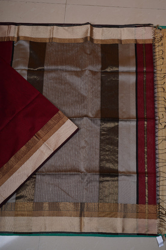 Red with maroon Maheswari Handloom Silk Cotton Saree