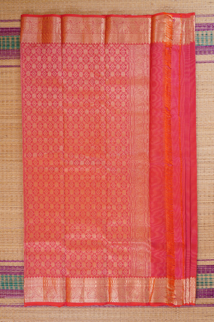 Dual tone Pink  with yello shot Podikattam Lightweight Kanchipuram saree