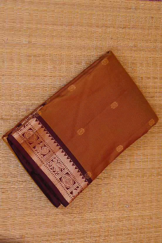 Mustard Lightweight Kanchipuram Silk Saree with Maroon Borders and Kamalam Buttas