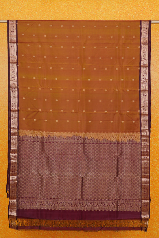 Mustard Lightweight Kanchipuram Silk Saree with Maroon Borders and Kamalam Buttas