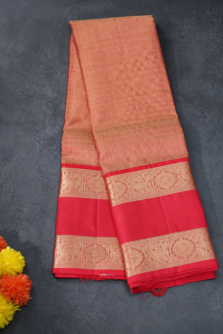 Copper Pink Light Weight Kanchipuram Silk Saree With Red Rettaipettu Borders