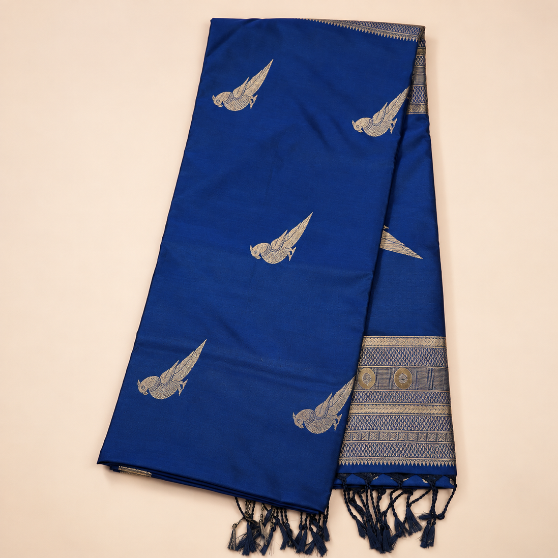 Navy Blue Semi Kanchipuram Silk Saree With Parrot Motifs