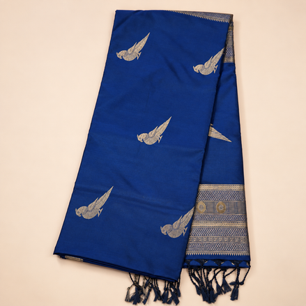 Navy Blue Semi Kanchipuram Silk Saree With Parrot Motifs