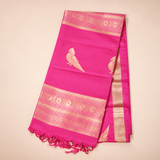 Rani Pink Semi Kanchipuram Silk Saree with Parrot Motifs