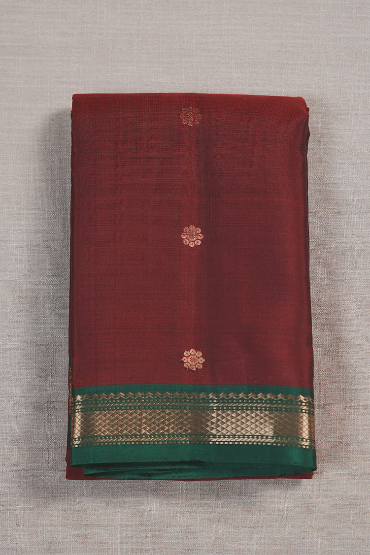 Deep Maroon Silk Saree With Bottle Green Borders