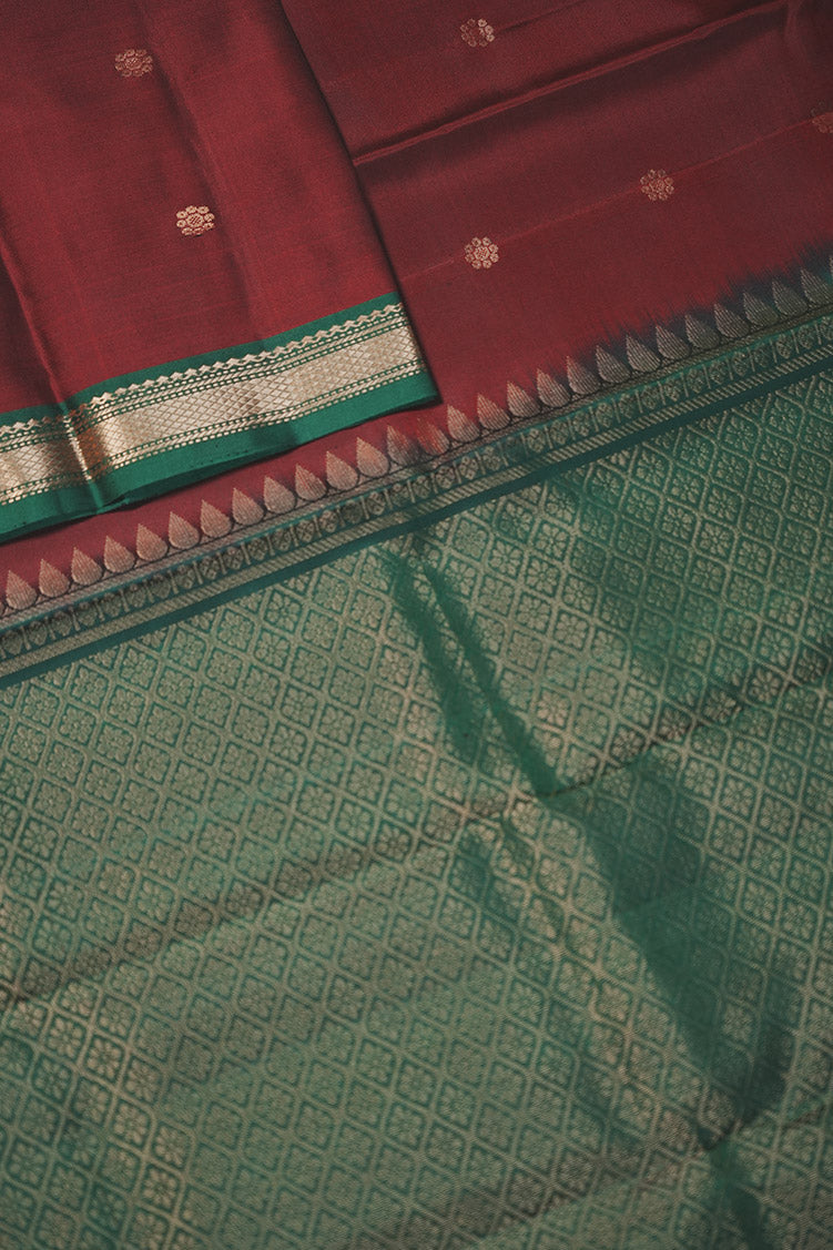 Deep Maroon Silk Saree With Bottle Green Borders
