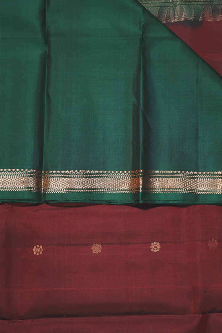 Deep Maroon Silk Saree With Bottle Green Borders