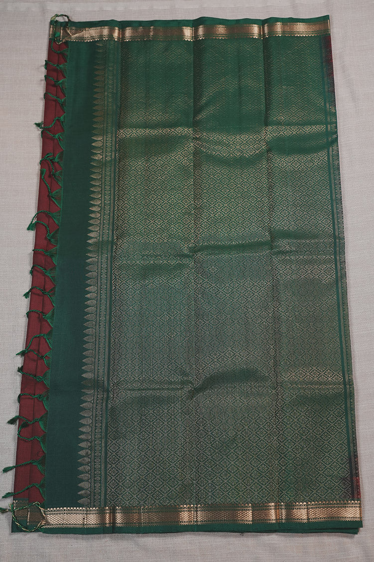 Deep Maroon Silk Saree With Bottle Green Borders