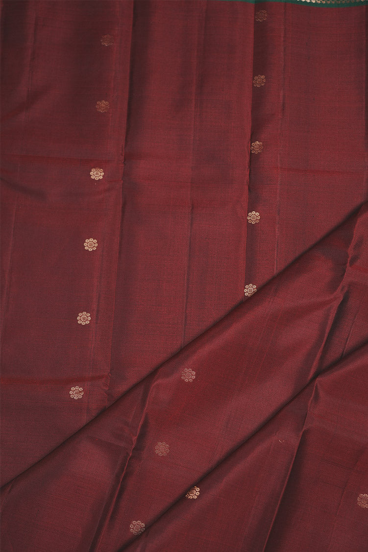 Deep Maroon Silk Saree With Bottle Green Borders
