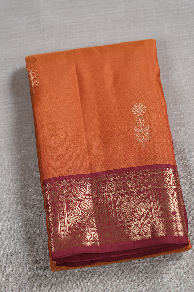 Saffron Orange Light Weight Kanchipuram Silk Saree With Red Borders