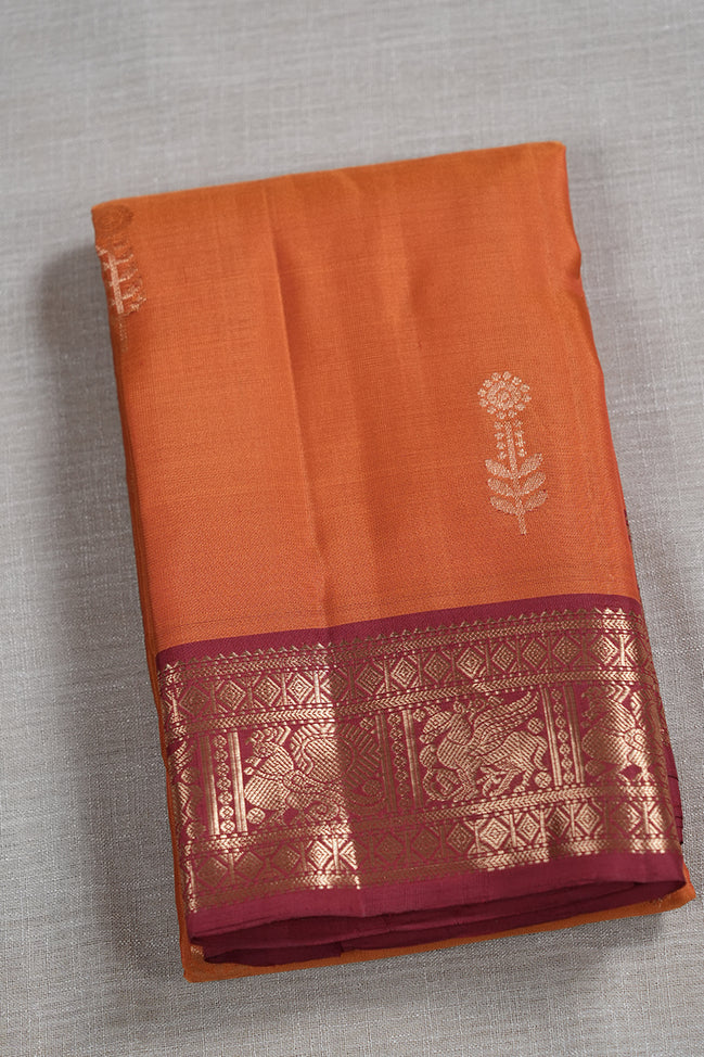 Saffron Orange Light Weight Kanchipuram Silk Saree With Red Borders