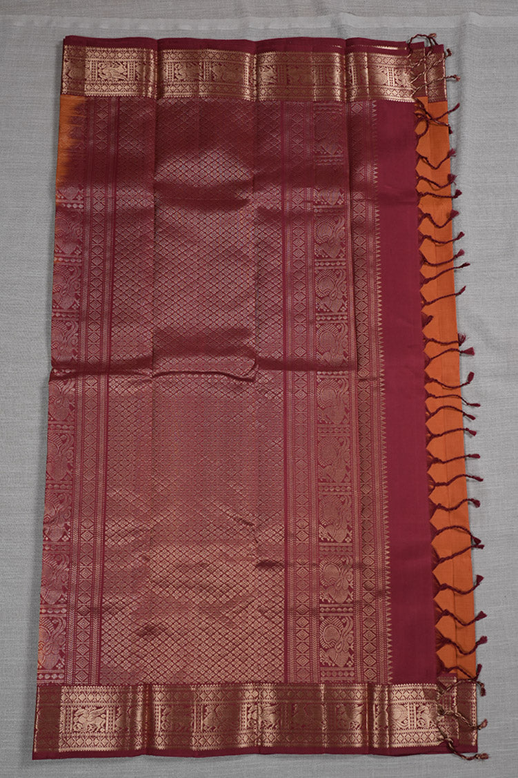 Saffron Orange Light Weight Kanchipuram Silk Saree With Red Borders