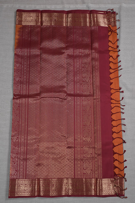 Saffron Orange Light Weight Kanchipuram Silk Saree With Red Borders