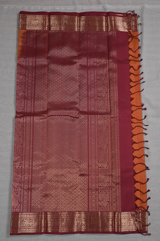 Saffron Orange Light Weight Kanchipuram Silk Saree With Red Borders