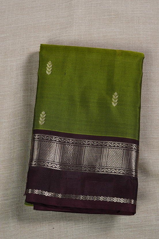 Olive Green Soft Silk Saree With Plum Color Borders