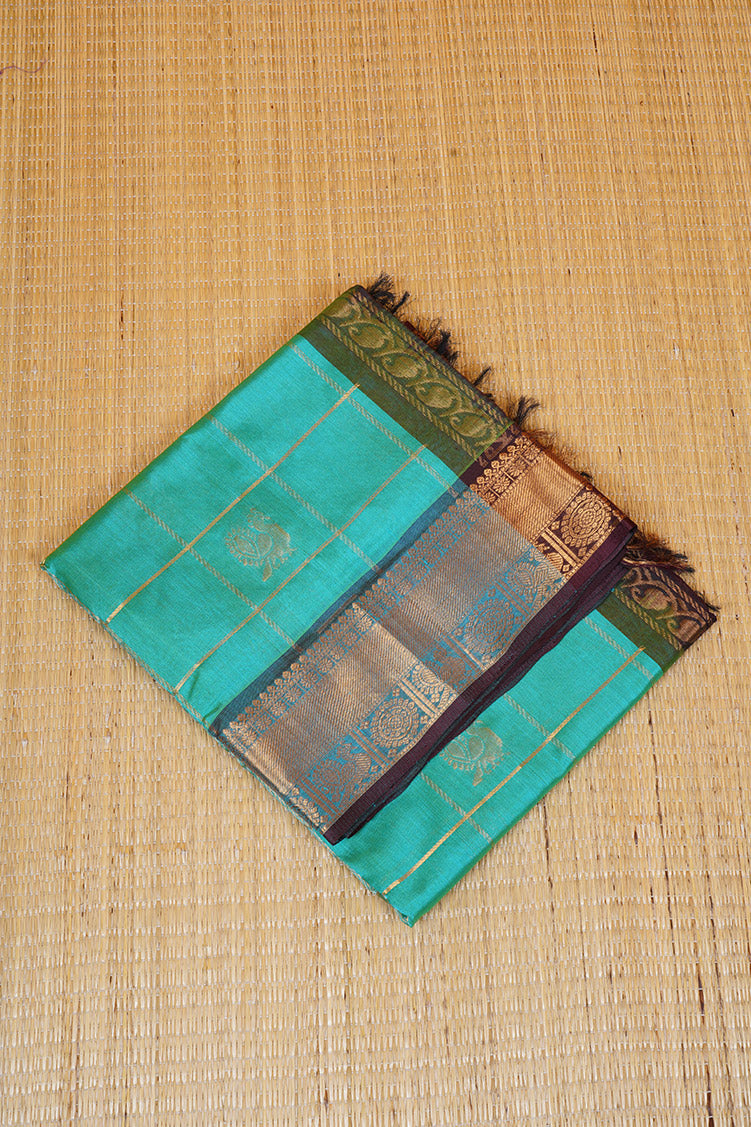 Aquamarine Blue Silkcotton Saree with Coffee Brown Borders