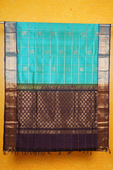 Aquamarine Blue Silkcotton Saree with Coffee Brown Borders