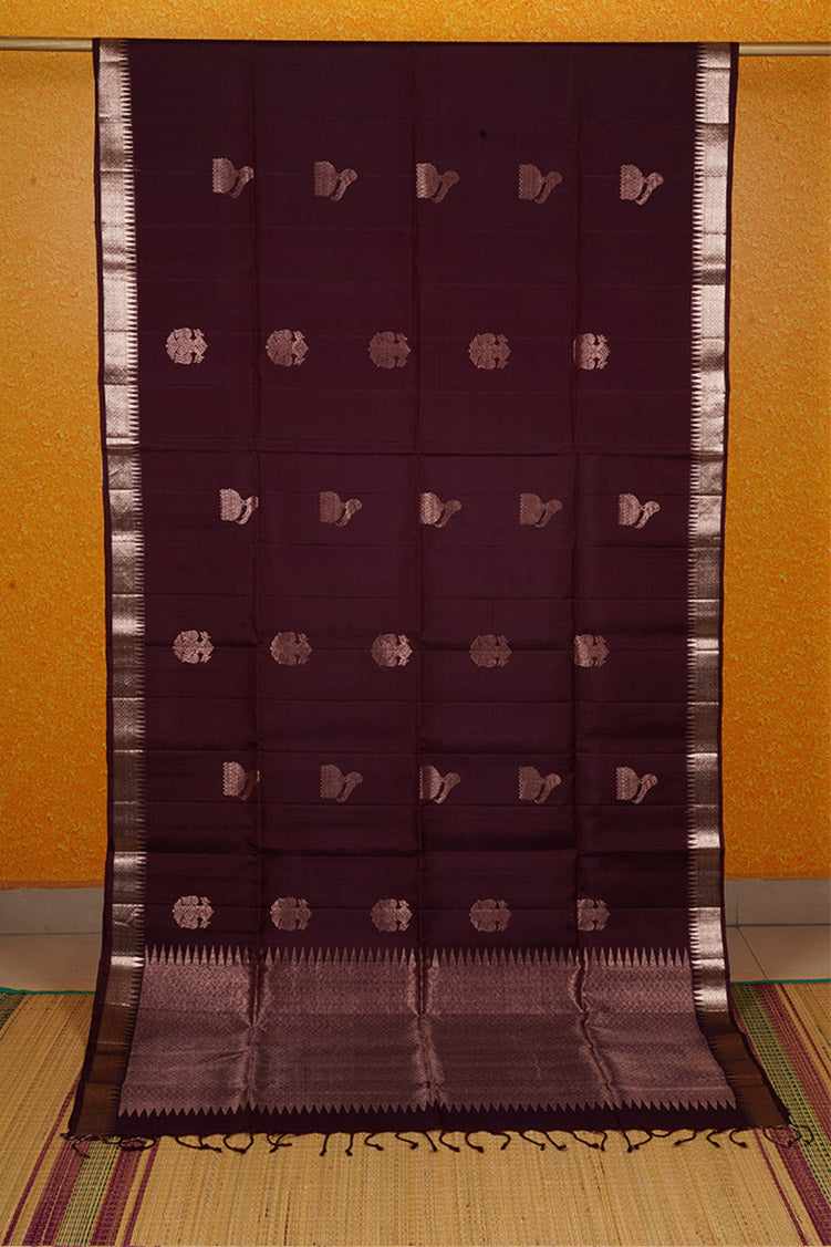 Betel Nut Brown Pure Soft Silk Saree with Almond Zari Borders