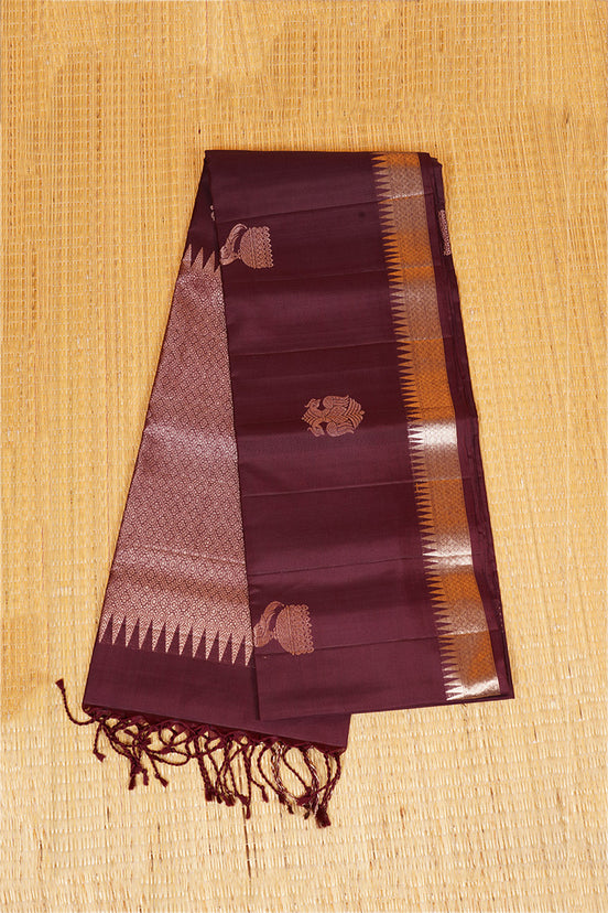 Betel Nut Brown Pure Soft Silk Saree with Almond Zari Borders