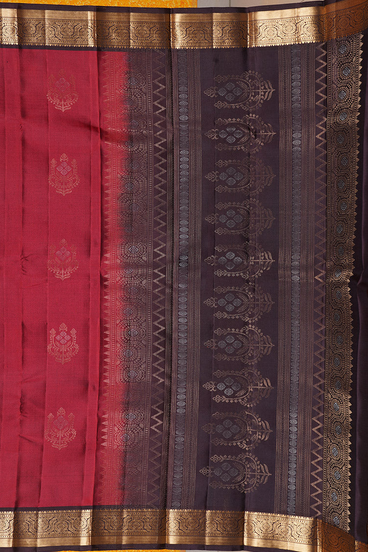 Brick Red Pure Soft Silk Saree with Coffee Brown Borders