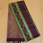 Dark Brown and Green Checked Kanchipuram Semi Soft Silk Saree