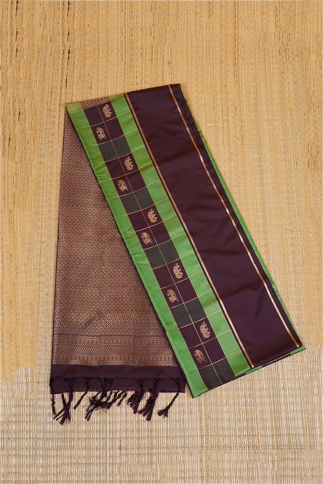 Dark Brown and Green Checked Kanchipuram Semi Soft Silk Saree