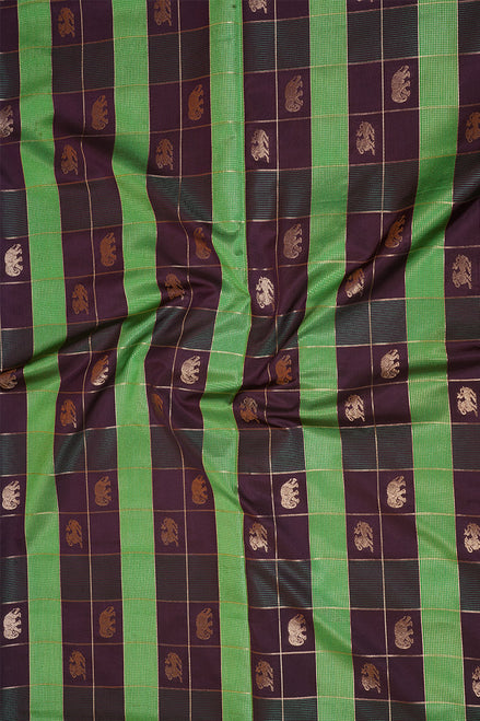 Dark Brown and Green Checked Kanchipuram Semi Soft Silk Saree