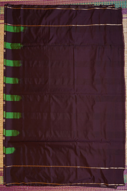 Dark Brown and Green Checked Kanchipuram Semi Soft Silk Saree