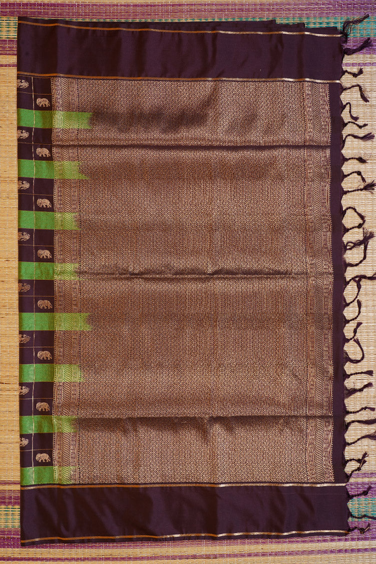 Dark Brown and Green Checked Kanchipuram Semi Soft Silk Saree