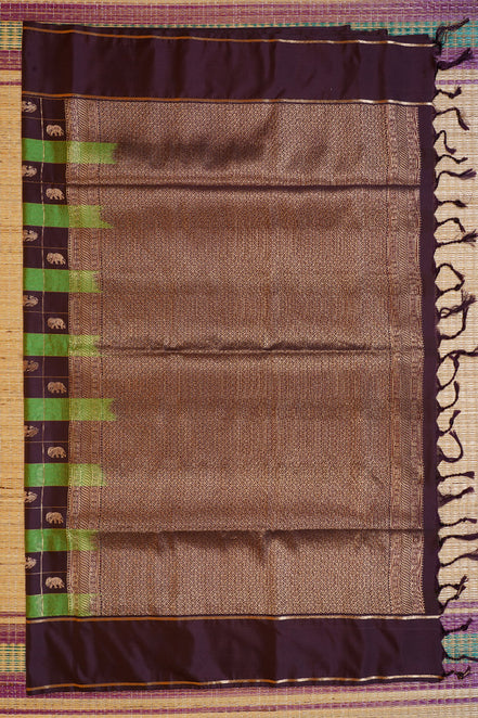 Dark Brown and Green Checked Kanchipuram Semi Soft Silk Saree