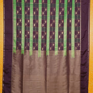 Dark Brown and Green Checked Kanchipuram Semi Soft Silk Saree