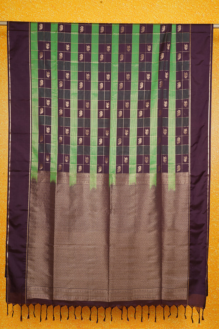 Dark Brown and Green Checked Kanchipuram Semi Soft Silk Saree