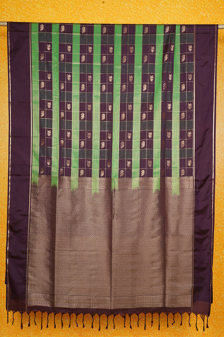 Dark Brown and Green Checked Kanchipuram Semi Soft Silk Saree