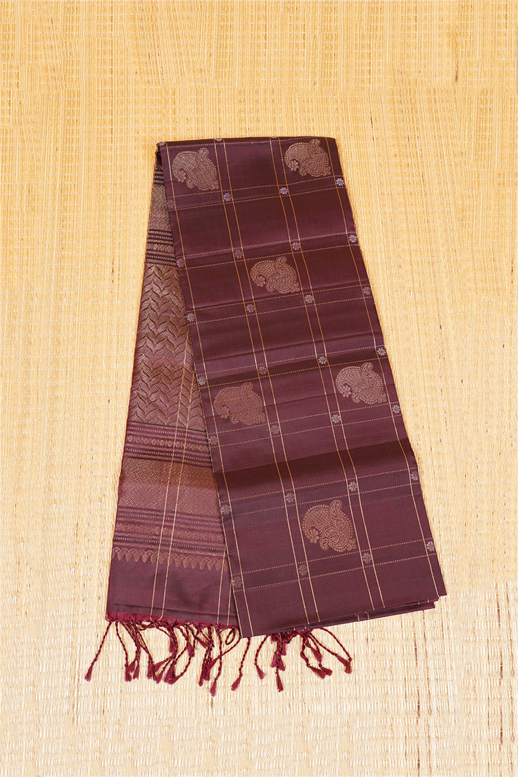 Coffee Brown Checkered Bordeless Pure Soft Silk Saree