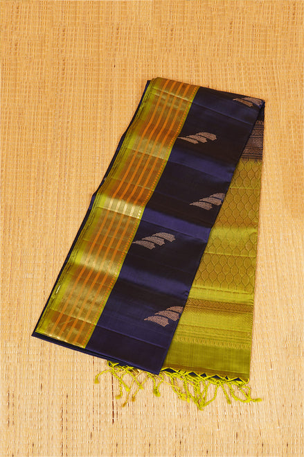 Dark Blue Pure Soft Silk Saree with Parrot Green Borders