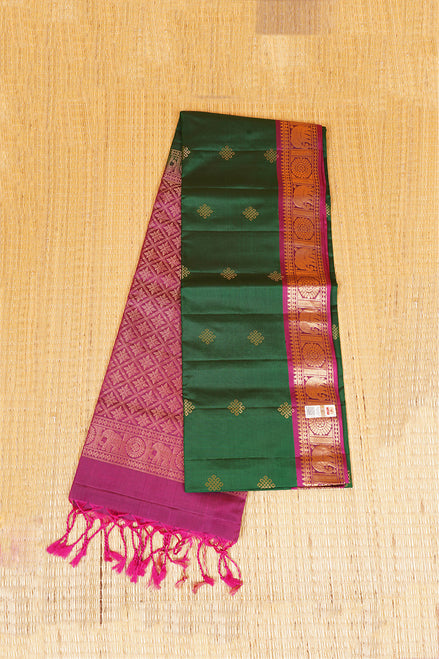 Dark Green Lightweight Kanchipuram Saree with Pink Borders
