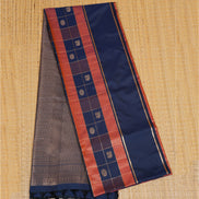 Dark Blue and Orange Checked Kanchipuram Semi Soft Silk Saree