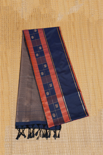 Dark Blue and Orange Checked Kanchipuram Semi Soft Silk Saree
