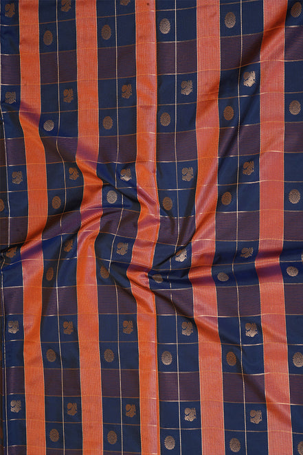 Dark Blue and Orange Checked Kanchipuram Semi Soft Silk Saree