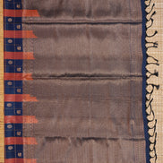 Dark Blue and Orange Checked Kanchipuram Semi Soft Silk Saree