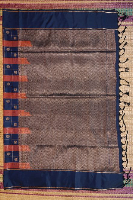 Dark Blue and Orange Checked Kanchipuram Semi Soft Silk Saree