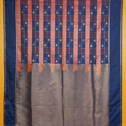 Dark Blue and Orange Checked Kanchipuram Semi Soft Silk Saree